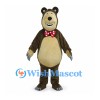 Bear Mascot Costume in Brown with Beige Belly and Red Polka Dot Bow Tie