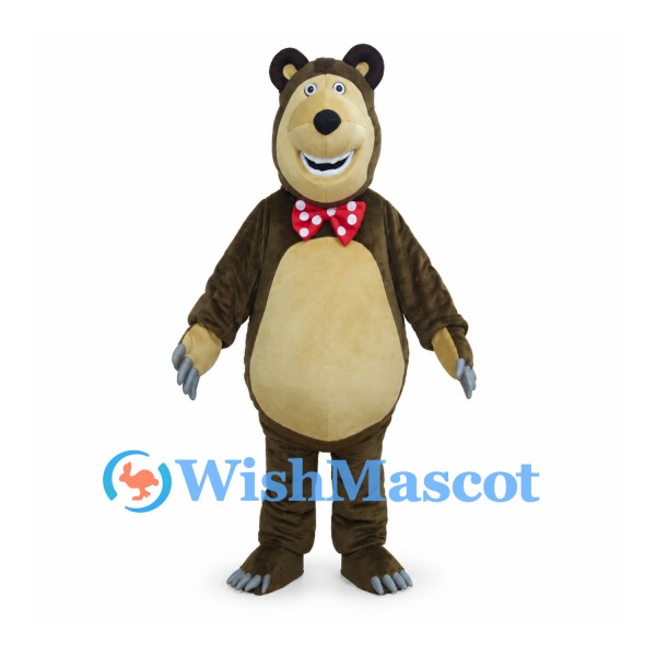 Bear Mascot Costume in Brown with Beige Belly and Red Polka Dot Bow Tie