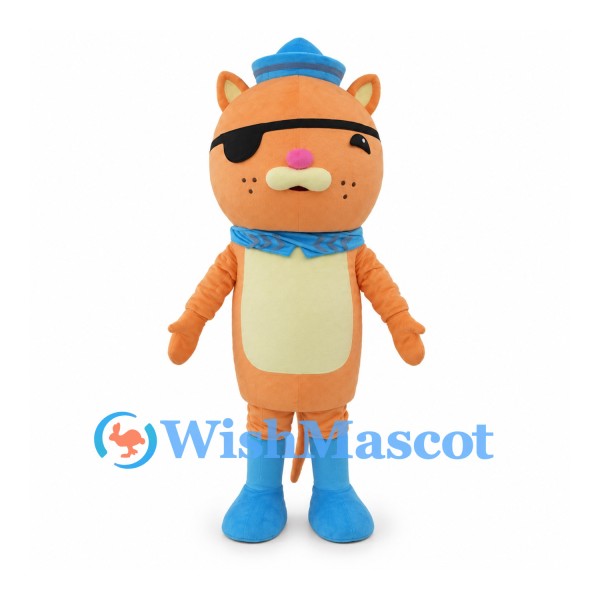 Pirate Cat Mascot Costume in Orange with Blue Cap and Eye Patch