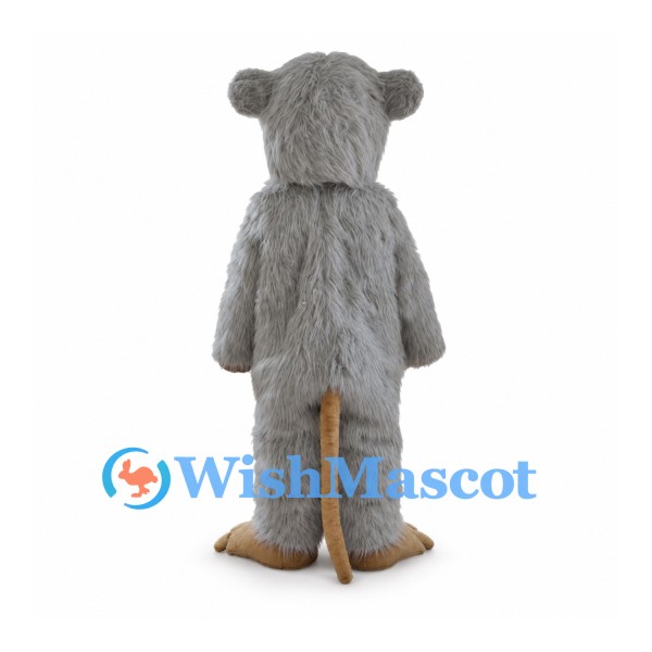 Rat Mascot Costume with Shaggy Gray Fur and Long Tan Tail