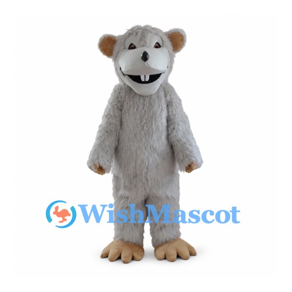 Rat Mascot Costume with Shaggy Gray Fur and Long Tan Tail