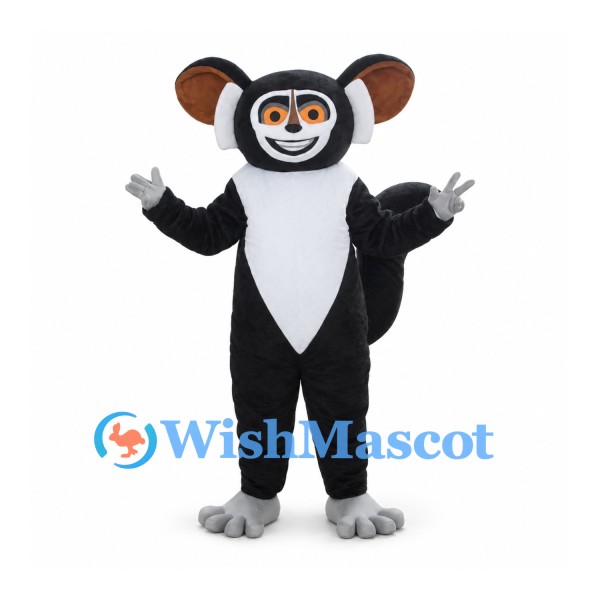 Lemur Mascot Costume in Black with White Chest and Large Round Ears
