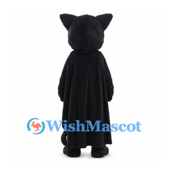 Vampire Cat Mascot Costume in Black with Yellow Eyes and Long Cape