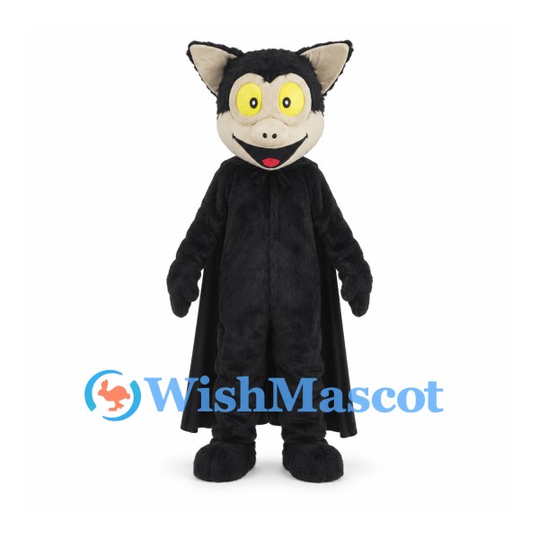 Vampire Cat Mascot Costume in Black with Yellow Eyes and Long Cape
