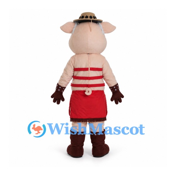 Pig Mascot Costume with Meat Cut Markings Red Apron and Hat