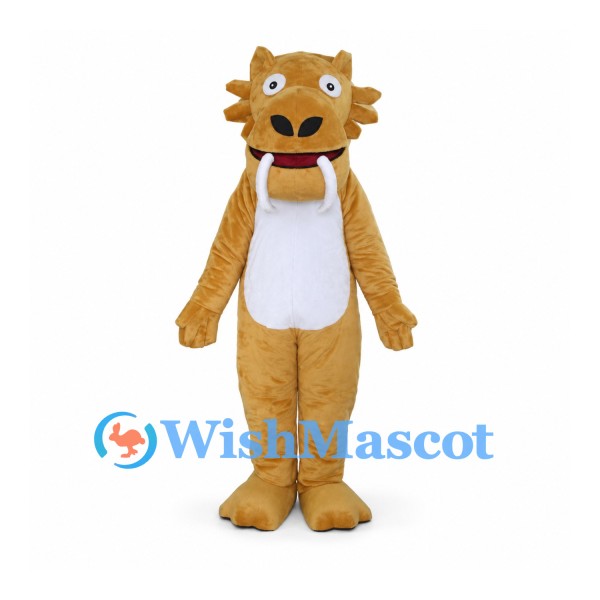 Saber-Toothed Tiger Mascot Costume in Golden Brown with White Belly and Long Tusks