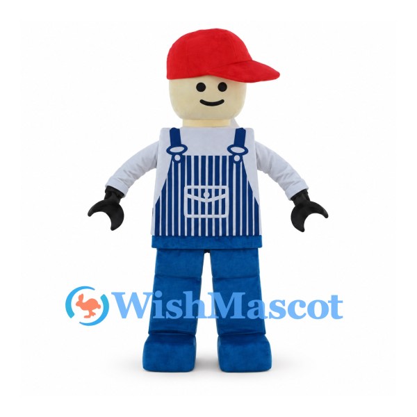 Boy Mascot Costume with Red Cap and Blue Striped Overalls