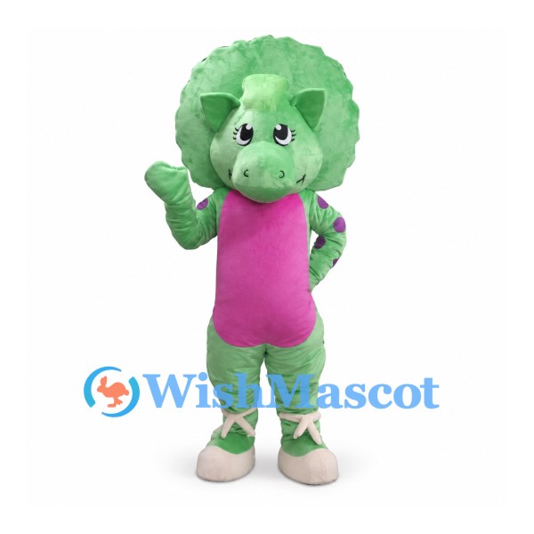 Triceratops Mascot Costume in Green with Pink Belly and Purple Spots