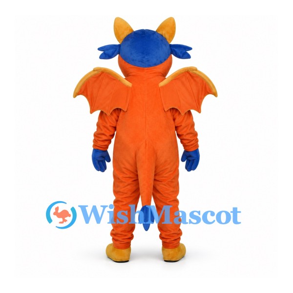 Dragon Mascot Costume in Orange with Blue Hair and Wings