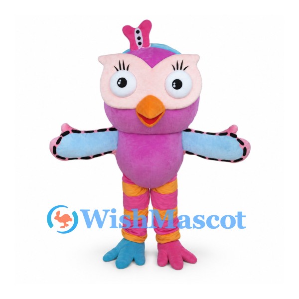 Owl Mascot Costume in Pink with Blue Wings and Striped Legs
