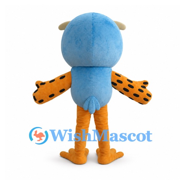 Owl Mascot Costume in Blue with Spotted Orange Wings