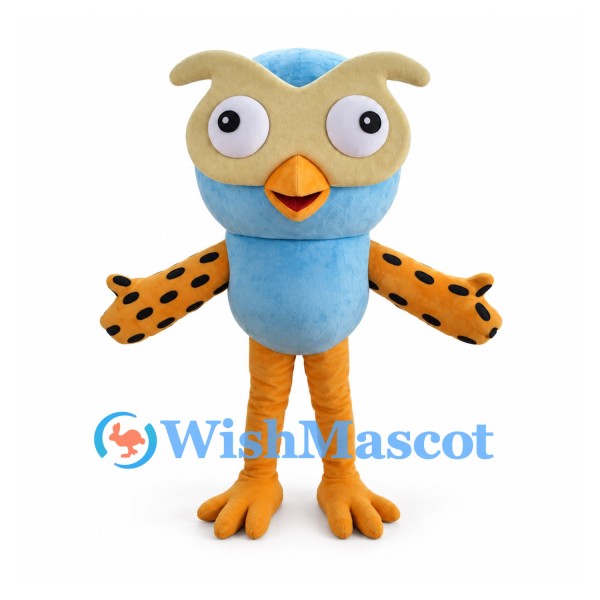 Owl Mascot Costume in Blue with Spotted Orange Wings