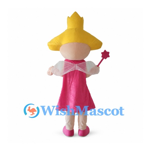 Fairy Mascot Costume with Pink Dress Yellow Crown Hat and Wand