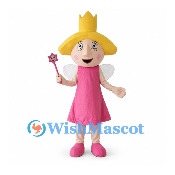 Fairy Mascot Costume with Pink Dress Yellow Crown Hat and Wand
