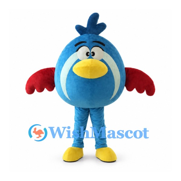 Bird Mascot Costume in Blue with Red Wings and Yellow Beak