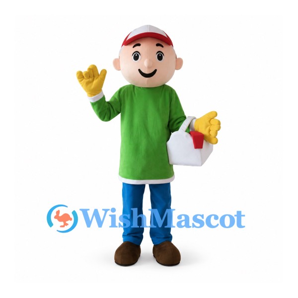 Boy Mascot Costume with Red Cap and Green Shirt