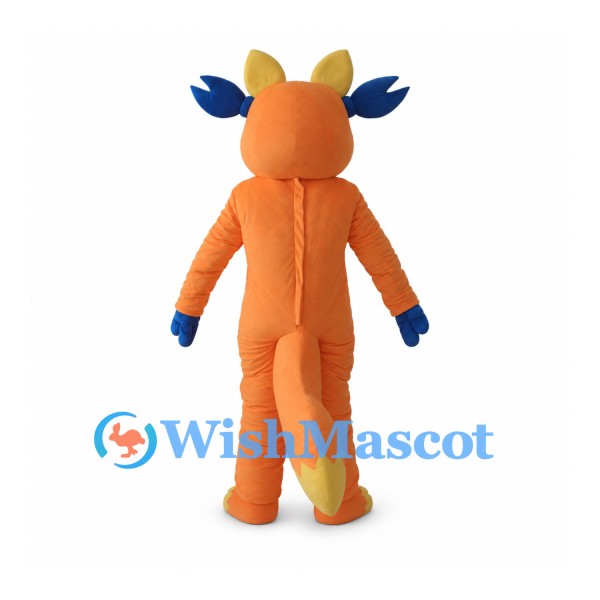 Dragon Mascot Costume in Orange with Blue Ears and Yellow Belly