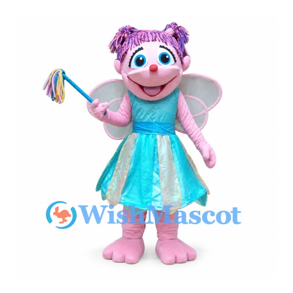 Fairy Mascot Costume with Pink Hair Turquoise Dress and Wings