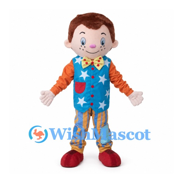 Clown Boy Mascot Costume with Blue Star Vest and Striped Pants
