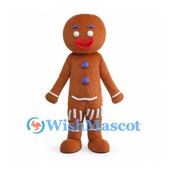 Gingerbread Man Mascot Costume in Brown with Purple Buttons