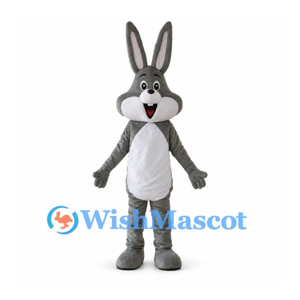 Rabbit Mascot Costume in Gray with Long Ears and White Belly