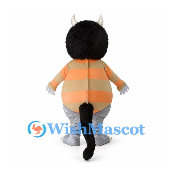 Monster Mascot Costume with Black Hair Horns and Orange Striped Shirt