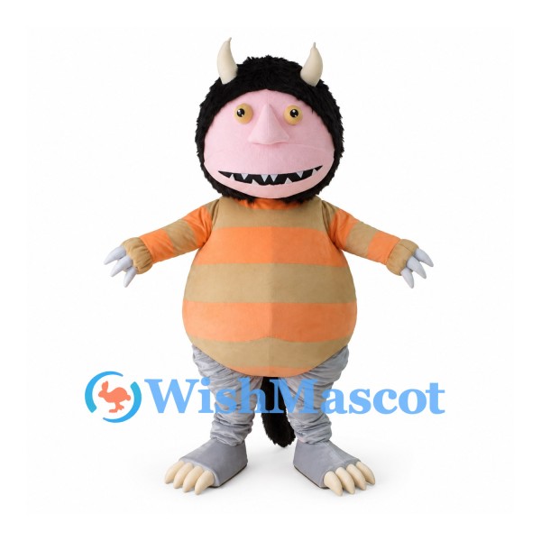 Monster Mascot Costume with Black Hair Horns and Orange Striped Shirt