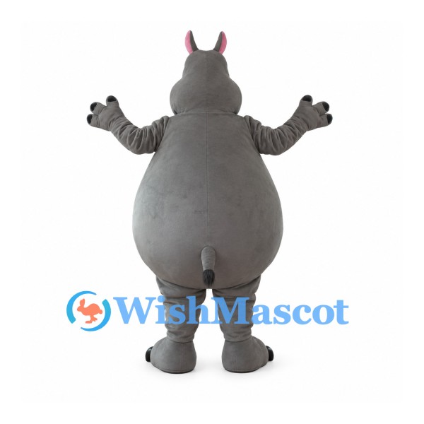 Hippo Mascot Costume in Gray with Round Belly and Small Pink Ears