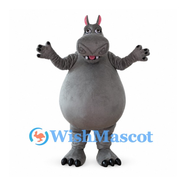 Hippo Mascot Costume in Gray with Round Belly and Small Pink Ears
