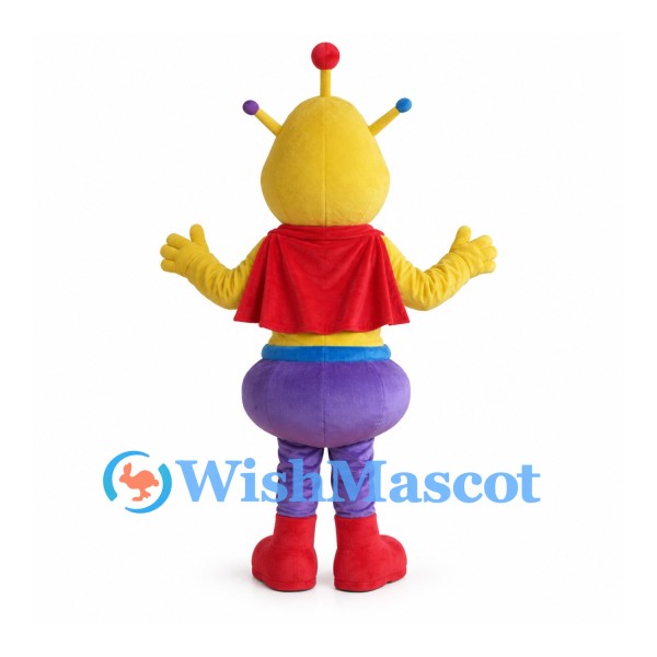 Alien Mascot Costume with Yellow Head Purple Pants and Red Cape