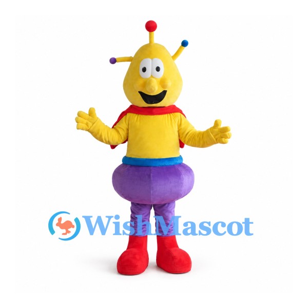Alien Mascot Costume with Yellow Head Purple Pants and Red Cape