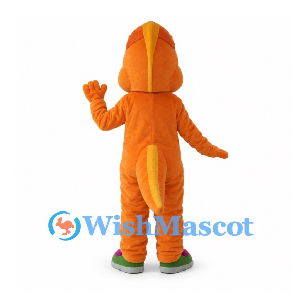 Dinosaur Mascot Costume in Orange with Yellow Belly and Green Shoes