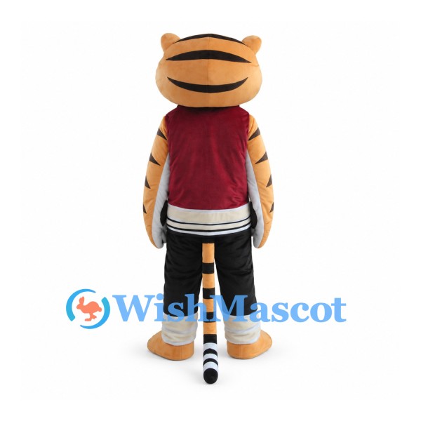 Tiger Mascot Costume with Burgundy Sports Shirt and Black Pants