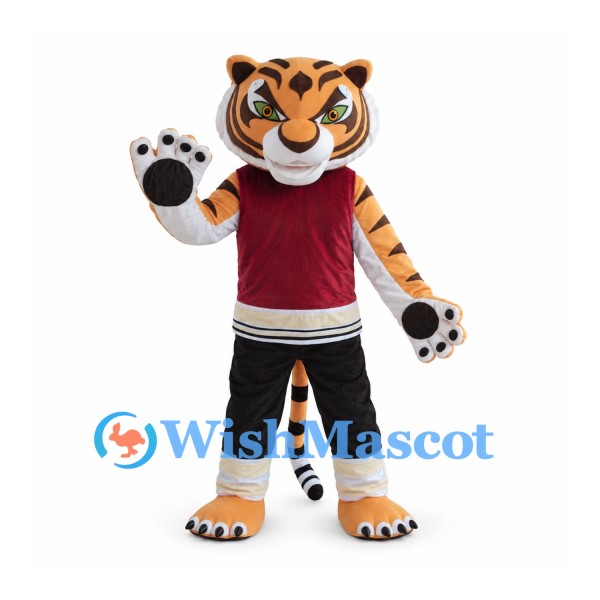 Tiger Mascot Costume with Burgundy Sports Shirt and Black Pants