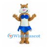 Cheerleader Cat Mascot Costume in Tan with Blue Skirt and Bow