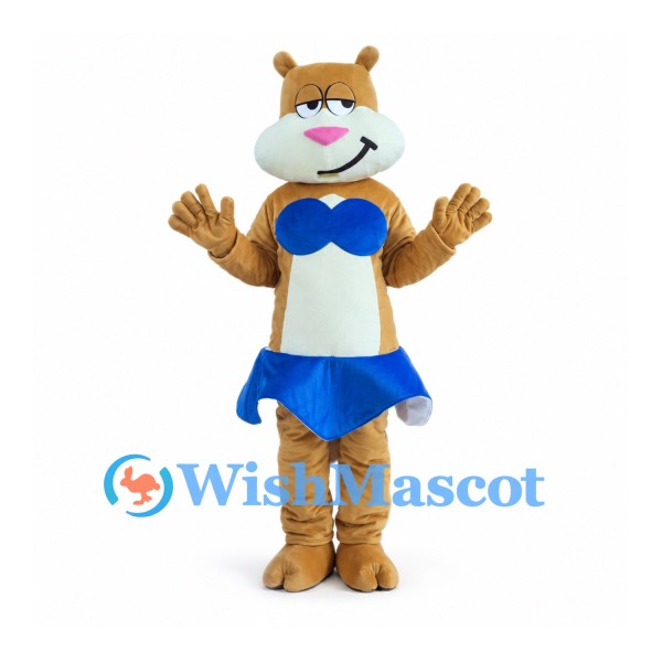 Cheerleader Cat Mascot Costume in Tan with Blue Skirt and Bow