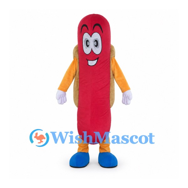 Sausage Mascot Costume in Red with Yellow Sleeves and Blue Shoes