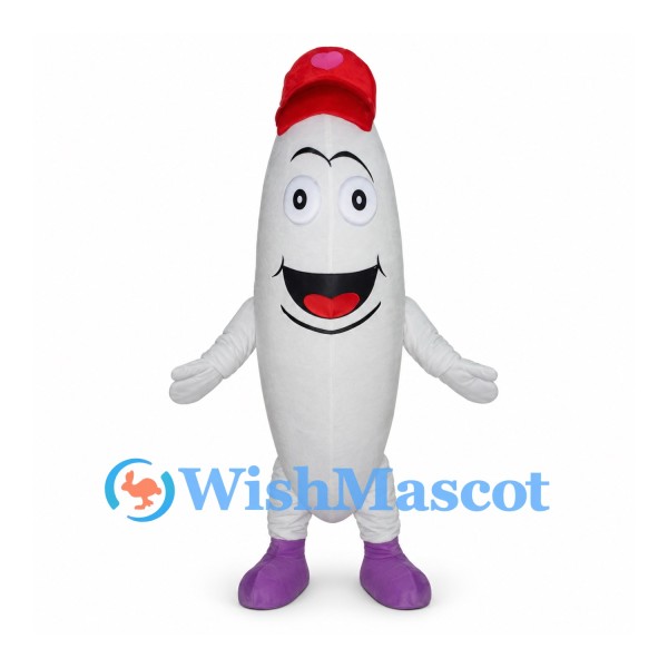 Rice Grain Mascot Costume in White with Red Cap and Purple Shoes