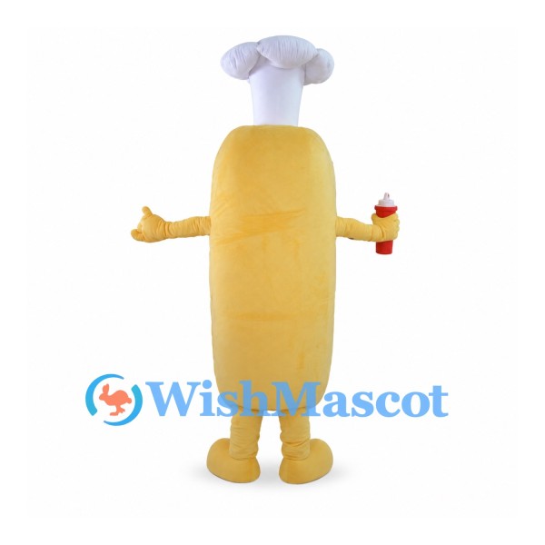 Chef Hot Dog Mascot Costume with White Hat Black Glasses and Mustard Detail