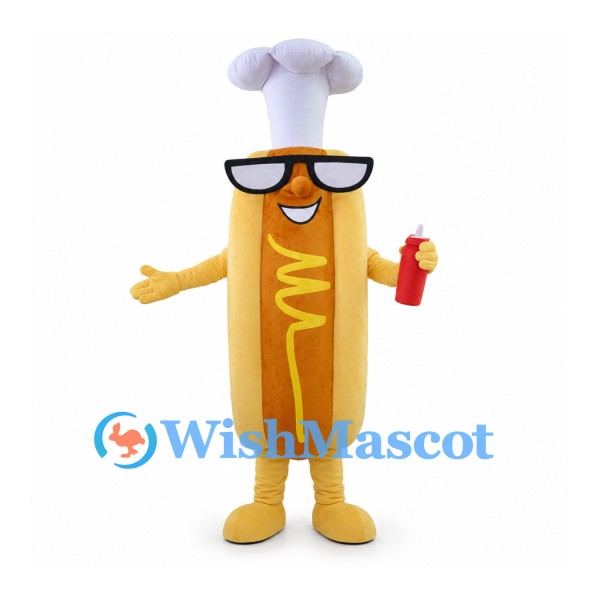 Chef Hot Dog Mascot Costume with White Hat Black Glasses and Mustard Detail