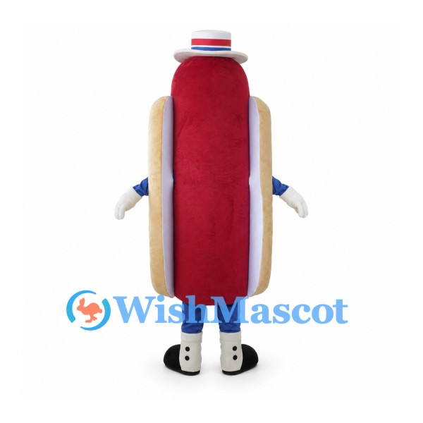 Hot Dog Mascot Costume with Striped Hat and Mustard Swirl
