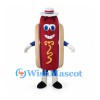 Hot Dog Mascot Costume with Striped Hat and Mustard Swirl