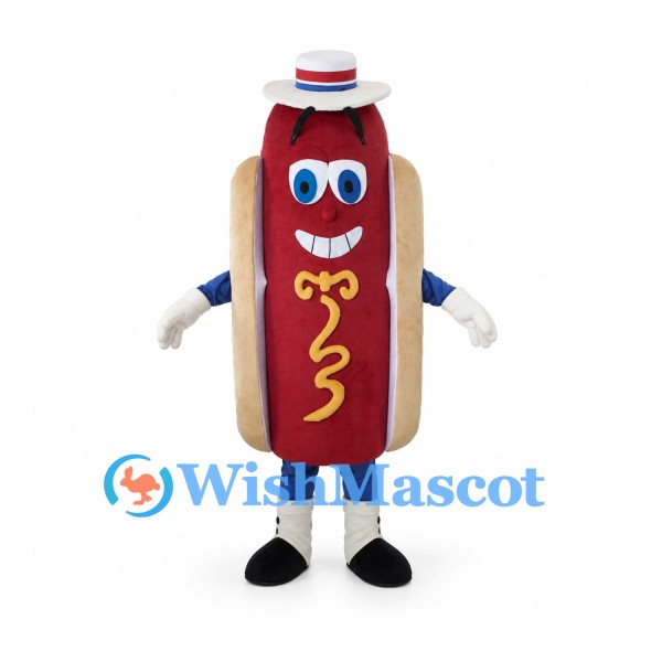 Hot Dog Mascot Costume with Striped Hat and Mustard Swirl