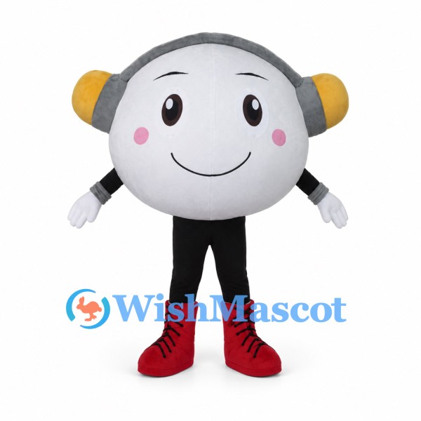 Music Character Mascot Costume with Round White Face and Yellow Headphones
