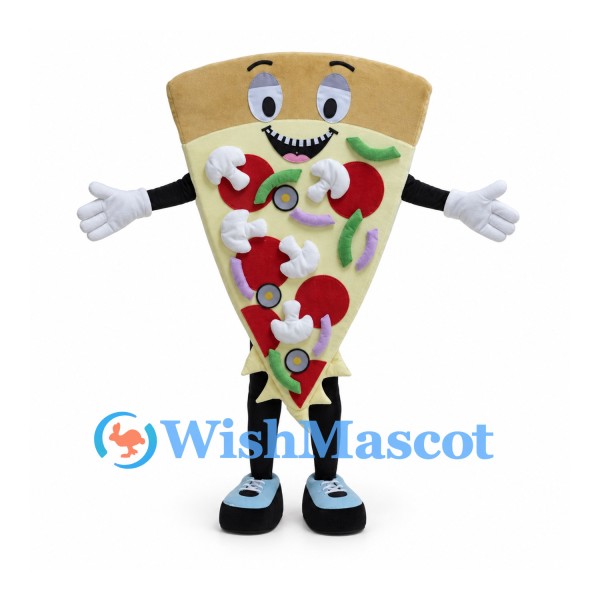 Pizza Slice Mascot Costume with Colorful Toppings and Smiling Face