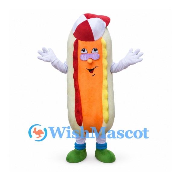 Hot Dog Mascot Costume with Red and White Cap and Green Shoes