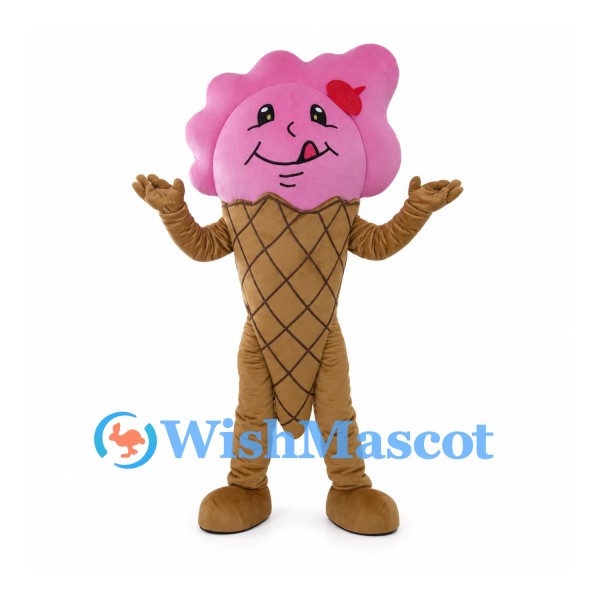 Ice Cream Cone Mascot Costume with Pink Scoop and Waffle Pattern Body