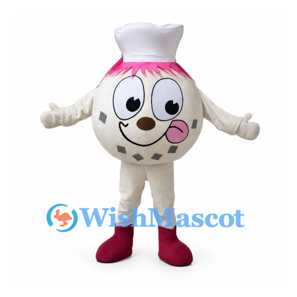 Chef Dumpling Mascot Costume with White Hat and Pink Trim