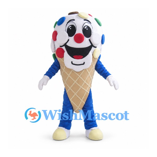 Ice Cream Cone Mascot Costume with Colorful Sprinkles and Clown Face