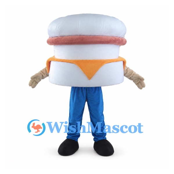 Sandwich Mascot Costume with White Bun Orange Filling and Blue Pants